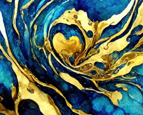 Spectacular blue-gold solid liquid waves abstract. Digital 3D illustration.