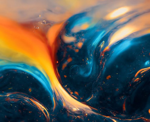 Spectacular scene of blue, orange ink move around. Digital art 3D illustration.